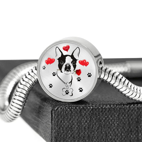 Cute Boston Terrier Print Circle Charm Steel Bracelet