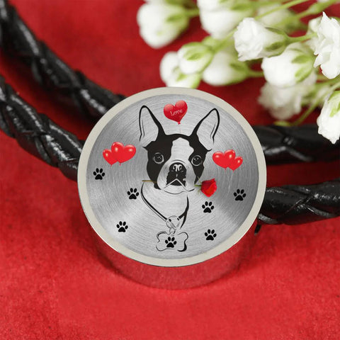 Cute Boston Terrier Print Circle Charm Leather Bracelet