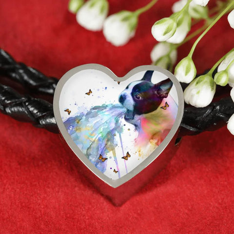 Amazing Colorful Boston Terrier Print Heart Charm Leather Bracelet