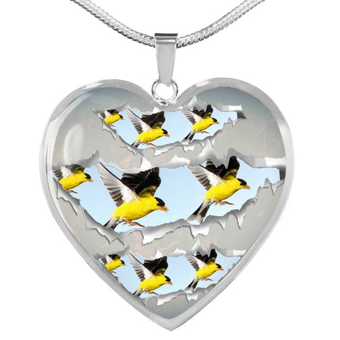 American Goldfinch Bird Print Heart Charm Necklaces