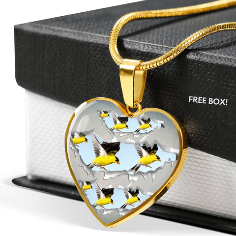 American Goldfinch Bird Print Heart Charm Necklaces