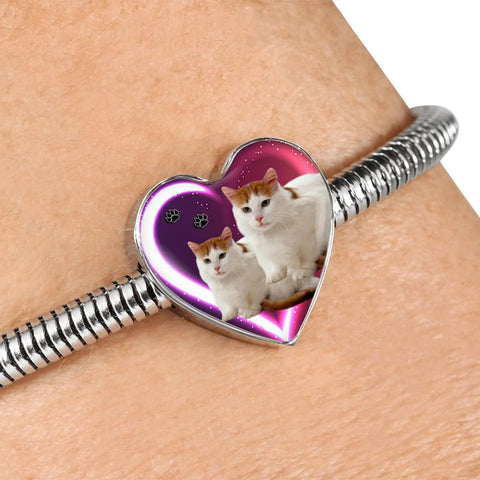 Turkish Van Cat Print Heart Charm Steel Bracelet