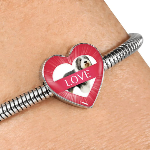 Bearded Collie Dog Print Heart Charm Steel Bracelet