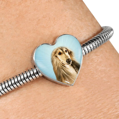 Afghan Hound Dog Print Heart Charm Steel Bracelet