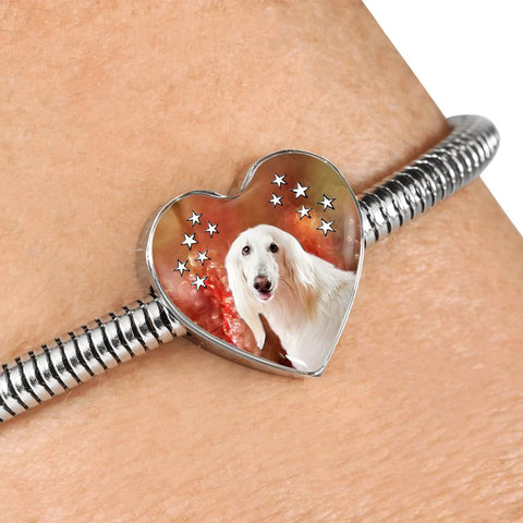 Afghan Hound Dog Print Heart Charm Steel Bracelet