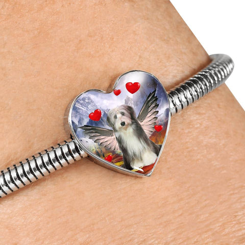 Bearded Collie Print Heart Charm Steel Bracelet