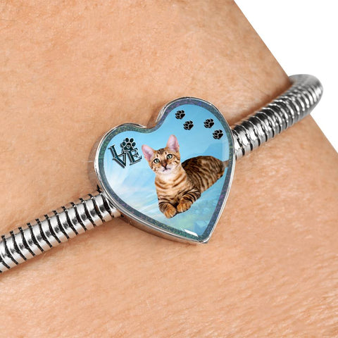 Toyger Cat Print Heart Charm Steel Bracelet