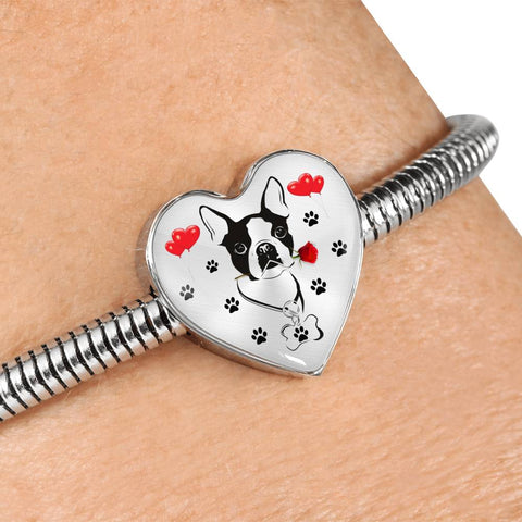 Cute Boston Terrier Print Heart Charm Steel Bracelet