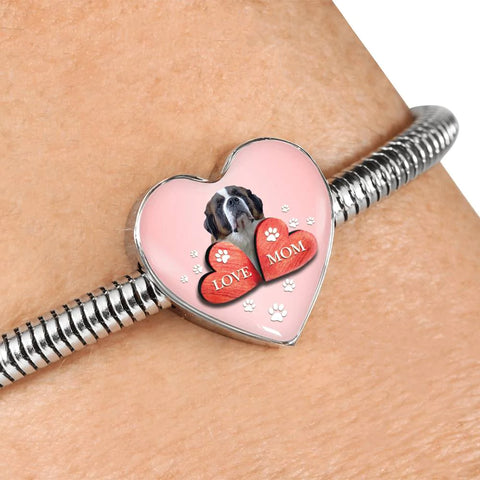 St. Bernard Dog Print Heart Charm Steel Bracelet