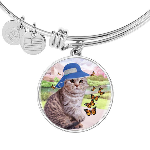 Scottish Fold Cat Print Circle Pendant Luxury Bangle