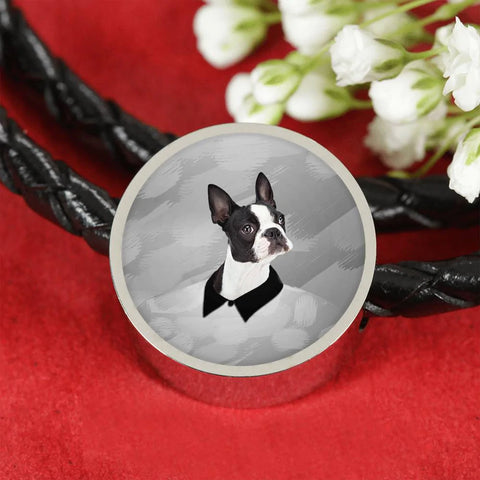 Boston Terrier Print Woven Leather Charm Bracelet