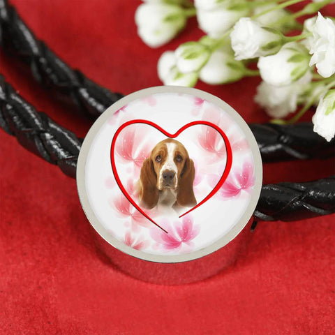 Basset Hound Print Circle Charm Leather Bracelet