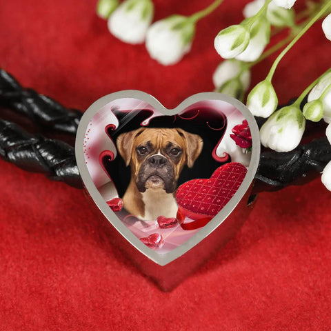 Boxer Dog Print Heart Charm Leather Bracelet