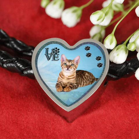 Toyger Cat Print Heart Charm Leather Woven Bracelet