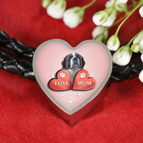 St. Bernard Dog Print Heart Charm Leather Bracelet
