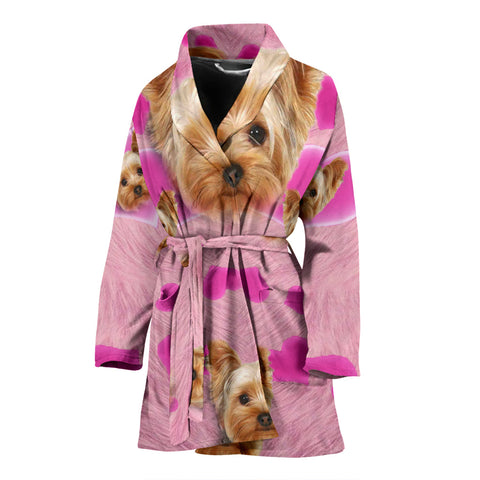 Yorkie On Pink Print Women's Bath Robe